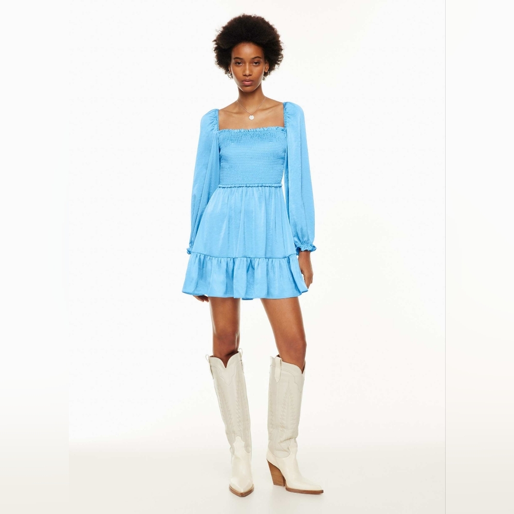 Aritzia Wilfred Tempest blue satin mini dress, size small